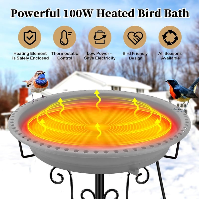 Lovppy Heated Bird Bath, 100W Thermostatically Controlled Heated Bird Baths for Outdoors Bird Bath Heater with Metal Stake, Heated Bird Bath for Outside Winter Garden Patio Yard Lawn (Gray) - Image 2